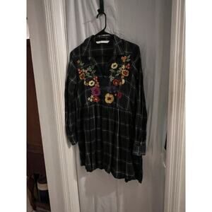 Zara Green Plaid Floral Embroidered Flannel Dress Size Xs